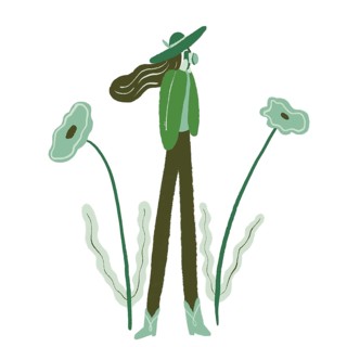 A whimsical green illustration showcasing a stylish character exploring nature, surrounded by