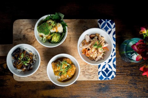 Gourmet bowls, chicken with glass noodles and peanuts, broccoli and cauliflower in satay sauce,