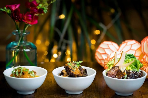 Trio of gourmet dishes, tempura mushrooms in curry sauce, aubergine stew over rice, and roasted