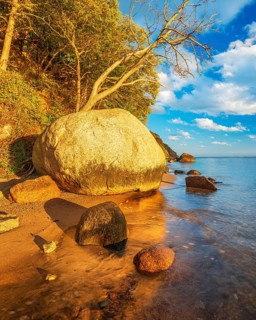 Coastal landscape with large boulders on the Baltic Sea beach in the evening light, Mönchgut Nature