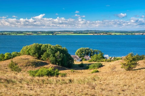 Hilly landscape in the Zicker Mountains, including Zicker Alps, view over the lagoon landscape, in