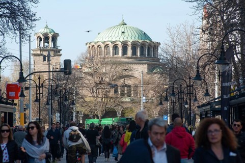 Sofia, Bulgaria, April 1st 2019. Sveta Nedelya Church and Vitousha Blvd, Sofia City Center,