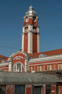 Burgas, Bulgaria, September 7th 2020 The clock tower of Burgas city central railway train station,