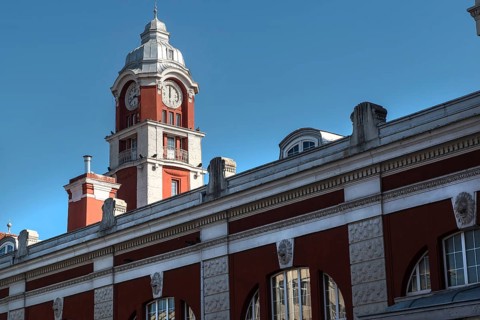 Varna, Bulgaria. September 7th 2020 The clock tower of the iconic train station in Varna on the