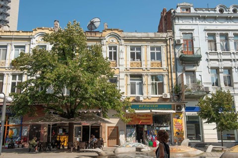 Burgas, Bulgaria, September 25th 2020 The pretty architecture of Tsar Peter Street in Burgas city