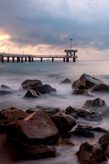 Burgas, Bulgaria, September 25th 2020 Sunrise over the Pier at the Sea Garden in the Bulgarian city