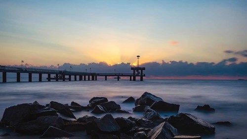 A beautiful sunrise over the pier at Burgas on the Black Sea coast of Bulgaria