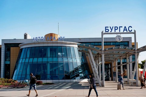 Burgas, Bulgaria, September 25th 2020 The busy entrance to the main bus station near the Port of