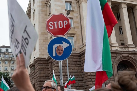 Sofia, Bulgaria. September 2nd 2020 Bulgarian anti-government protestors gather in front of police