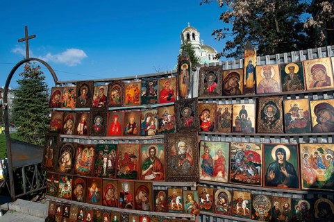 Sofia, Bulgaria, March 30th 2019. Religious Icons for sale at a flea market near Alexander Nevski