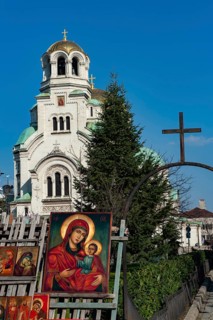 Sofia, Bulgaria, March 30th 2019. Religious Icons for sale at a flea market near Alexander Nevski