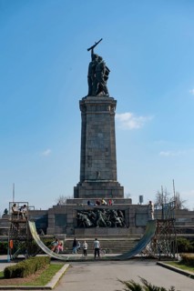 Sofia, Bulgaria. March 30th 2019 Young Bulgarians Skateboarding beside the Monument to the Soviet
