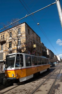 Sofia, Bulgaria. March 7th 2018. A Bulgarian tram in downtown Sofia, Bulgaria