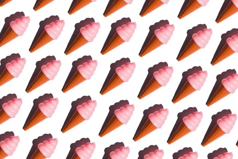 Pink plastic ice cream cones arranged in a pattern represent the critique of junk food and plastic