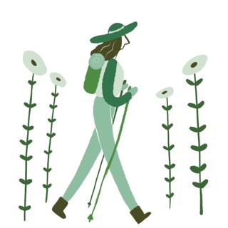 Illustration of a woman in green attire hiking beside tall green flowers The minimalist design