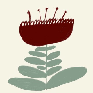 Minimalistic and artistic illustration of a stylized red flower with a green, leafy stem set