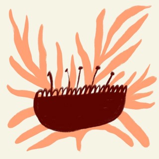 This abstract illustration depicts a stylized spring flower using warm orange and brown tones