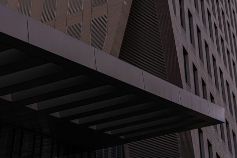 This image showcases the intricate design details of a modern building, emphasizing textures and