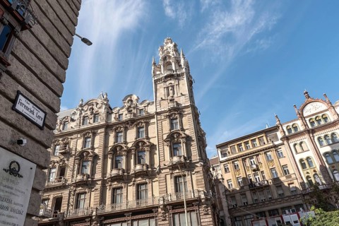 Budapest, Hungary. October 1st 2023 Ornate building facade in Belle Epoque style, the Matild Palace