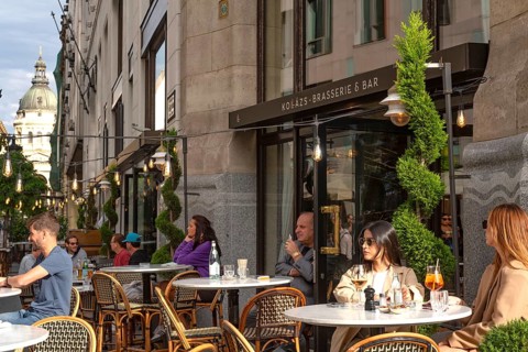 Budapest, Hungary. October 1st 2023 Cafe culture near St Stephens Basilica, Kollazs Brasserie &