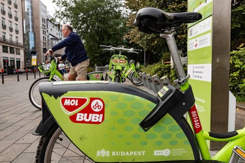 Budapest, Hungary. October 1st 2023 MOL Bubi rental bikes available for hire via an app, an