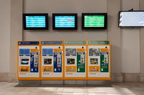 Budapest, Hungary. October 1st 2023 Automatic ticket machines and time table display screens at