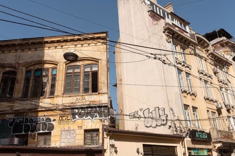 Bucharest, Romania. October 29th 2023. Graffiti covered crumbling architecture of the historical