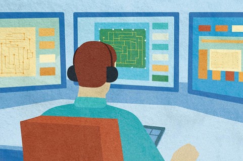 A business professional is focused on analyzing data displayed on three monitors The environment is