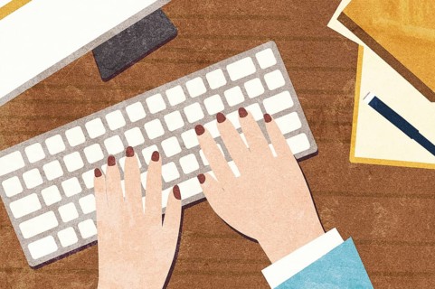 A creative illustration of hands with painted nails typing on a white keyboard, set on a wooden