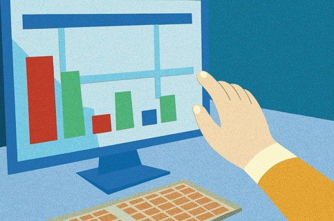 A hand interacts with a computer screen displaying colorful bar graphs and line charts,