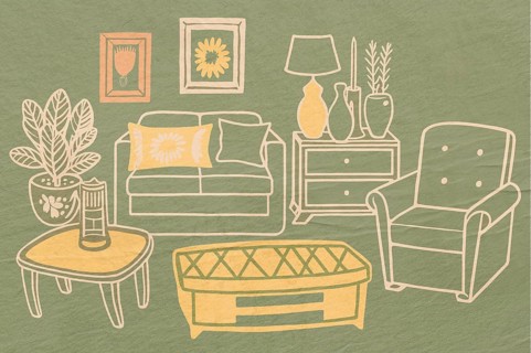 A stylish illustration depicting a cozy living room with a sofa, chair, coffee table, and
