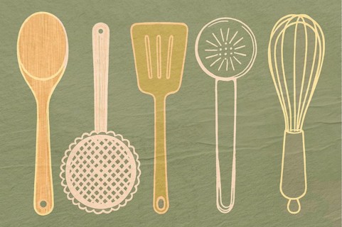 Different kitchen utensils are displayed including a wooden spoon, spatula, strainer, and whisk.