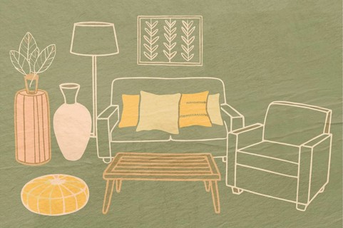 This artwork features a cozy living room with a sofa, plant, and accessories, all designed in a