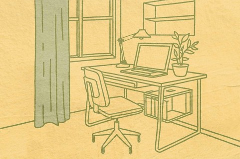 A cozy workspace is illustrated with a desk, chair, and laptop near a window. A plant and lamp