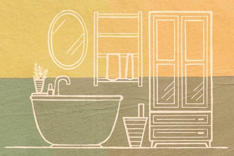 Artistic outline of a modern bathroom setting including a bathtub, sink, mirror, and furniture,