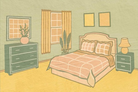 An inviting bedroom showcasing colorful vintage-style decors such as a classic bed, green dresser,