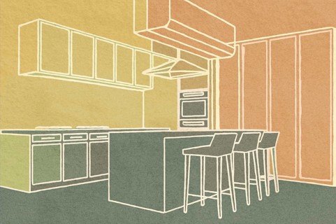 This illustration features a sleek kitchen layout with an island, stools, cabinets, and cooking