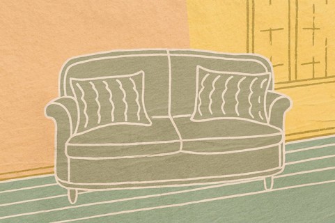 This illustration presents a cozy home environment, showcasing a chic sofa with decorative