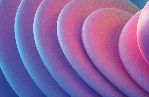 This artwork features a dynamic blend of soft, curved shapes in vibrant hues The grainy texture