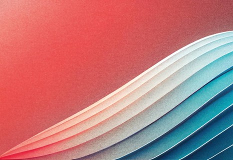 This artwork features a dynamic abstract background with smooth, flowing gradients in shades of red