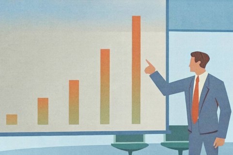 A professional addresses an audience in a sleek office, presenting a bar chart that shows
