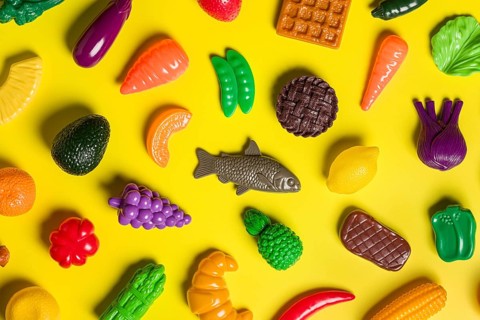 A colorful mix of plastic food items on a yellow background The image represents the critique of