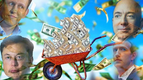Symbolic image, richest tech bros rule the world, Elon Musk, Peter Thiel, Jeff Bezos, Mark