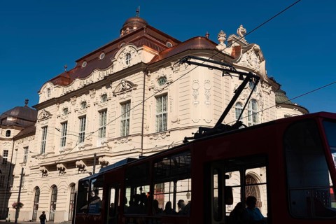 Bratislava, Slovakia. October 2nd 2023 A tram passing the beautiful Baroque era Reduta Bratislava