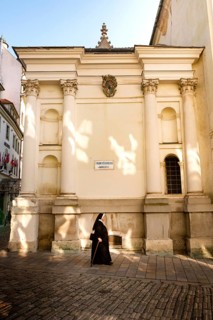 Bratislava, Slovakia. October 2nd 2023 A Nun walking towards the Franciscan Church, Old Town,
