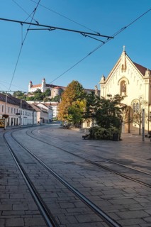 Bratislava, Slovakia. October 2nd 2023 Bratislava Castle overlooking the Little Carpathians above
