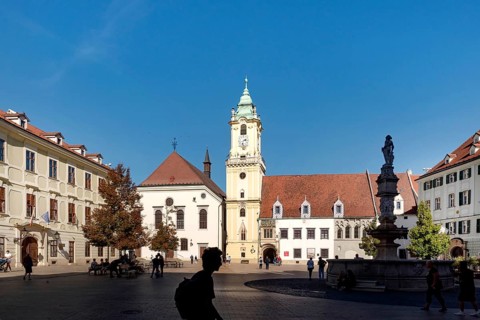Bratislava, Slovakia. October 2nd 2023 Hlavne Namestie, The Main Square with Holy Saviour Church or