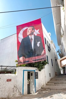 Bodrum, Turkey. April 23rd 2022 A pretty street with traditional local architecture and portrait of