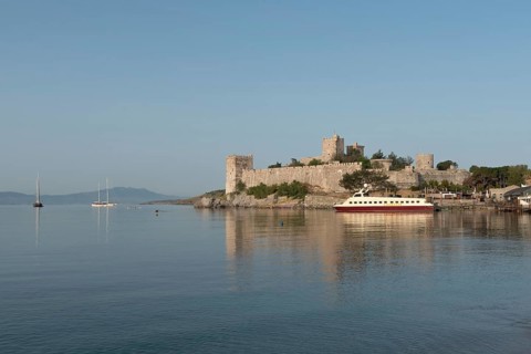Bodrum, Mugla, Turkey. April 22nd 2022 Beautiful seascape view of Bodrum Castle with Yachts in the