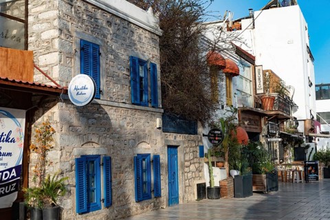 Bodrum, Turkey. April 23rd 2022 Shops, Bars and Restaurants on a pretty street in the popular